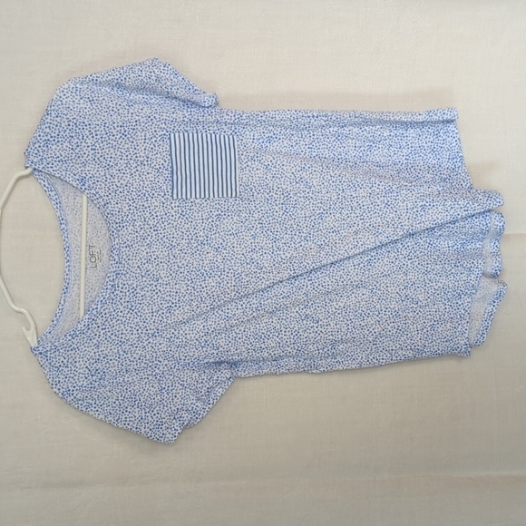 🍉 Loft Blue White Microfloral Tee with Striped Pocket Cotton Size Small - Picture 1 of 5